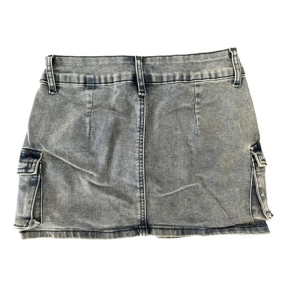 Etosell Small Denim Mini Skirt Blue Low Waist Jean Cargo Y2K Button Flap Pockets